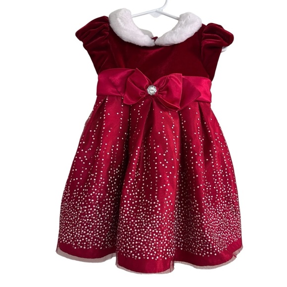 Jona Michelle Red Christmas Dress Baby Girl 18M Velvet Short Sleeve Faux Fur - Picture 1 of 7